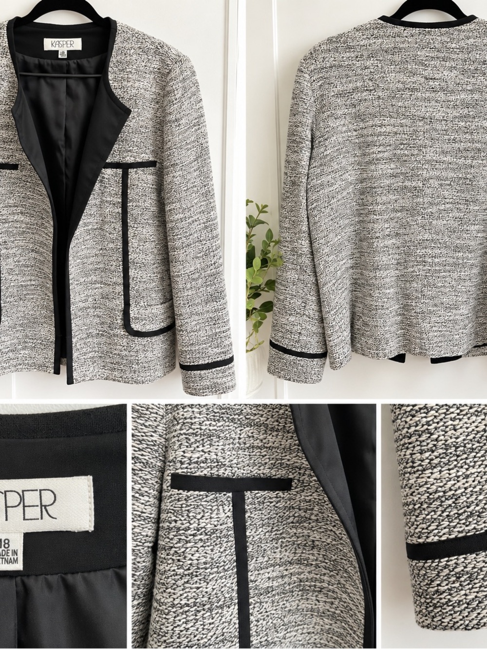 Kasper Black & White Tweed Collarless Blazer